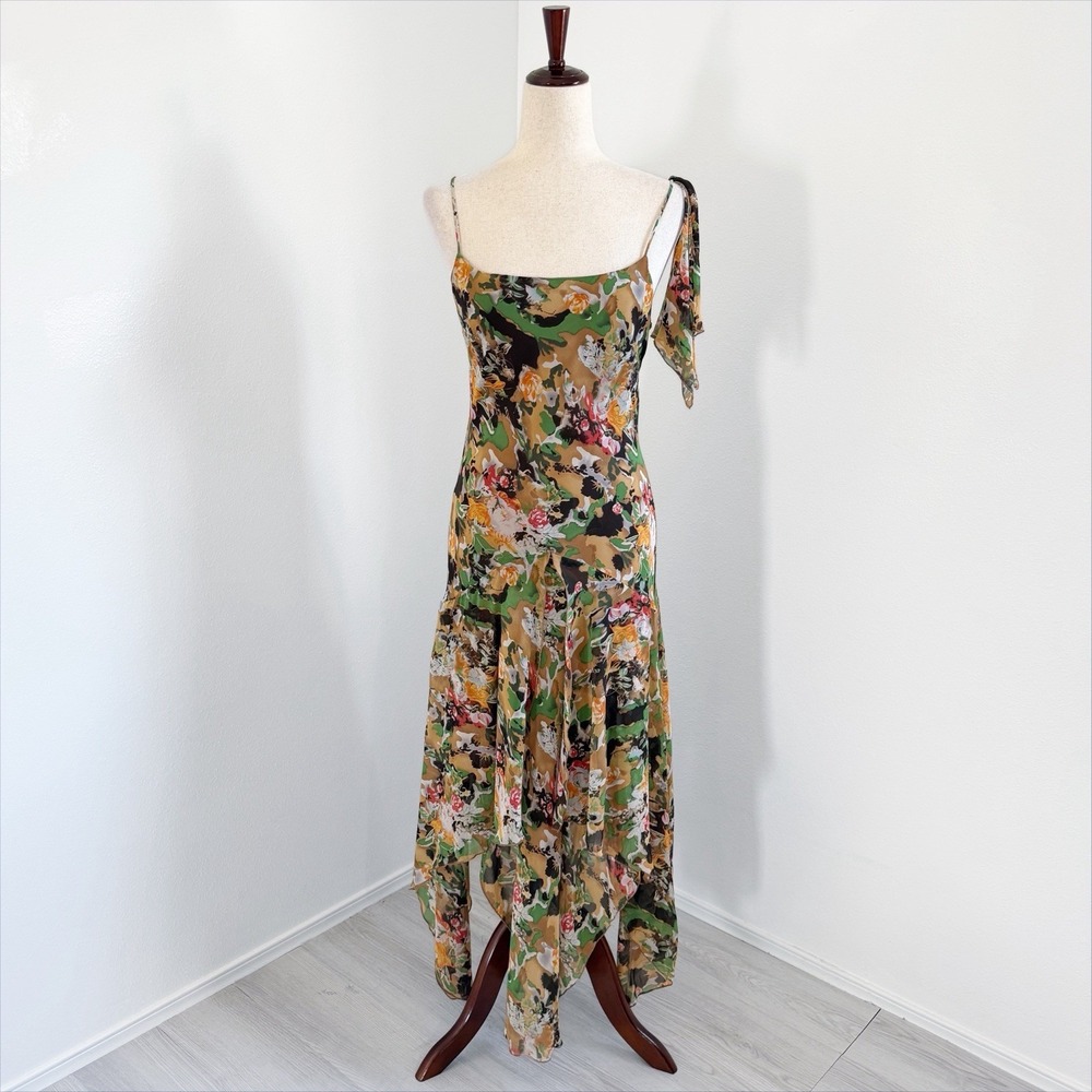 Lapis Dress Womens Medium Green Floral Silk Fairy Goddess Ethereal Asymmetric